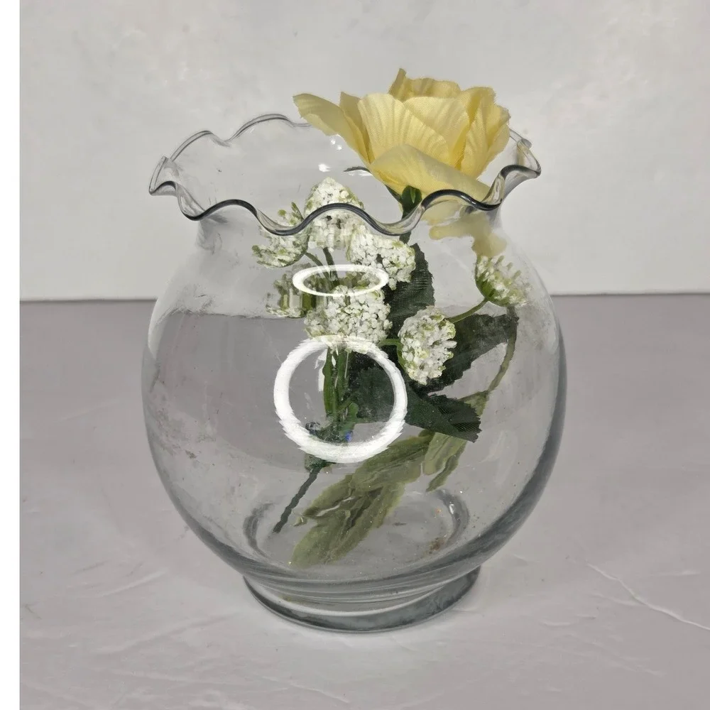Clear Glass Bowl Vase Ruffled Crimped Rim Decor or Fish Bowl